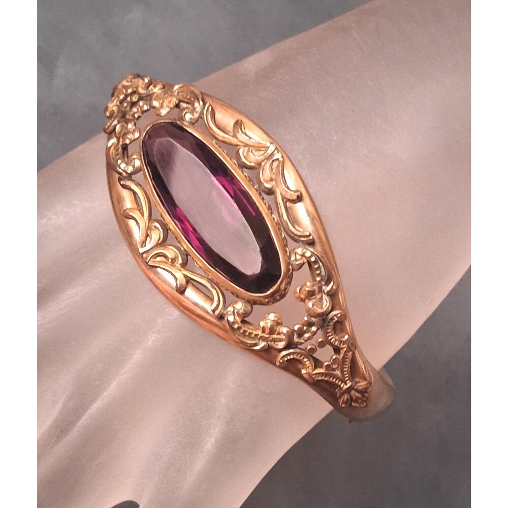 Victorian Amethyst Glass Bangle Gold Filled Bracelet Openwork